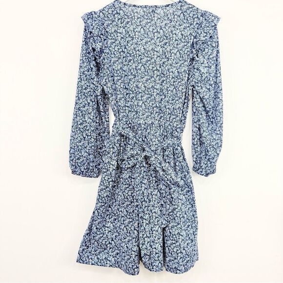J. Crew Factory Blue Floral Ruffle Shoulder Puff Sleeve V Neck Mini Dress - Picture 10 of 16